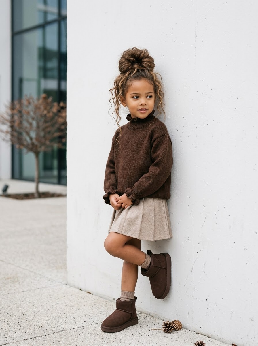 Jupe Plissée Enfant Beige Chiné Style Preppy