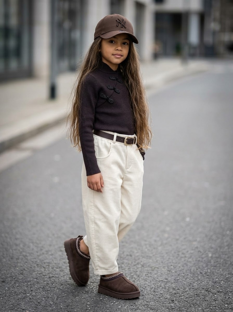 Pull Col Montant Marron Chocolat à Attaches Chinoises Enfant