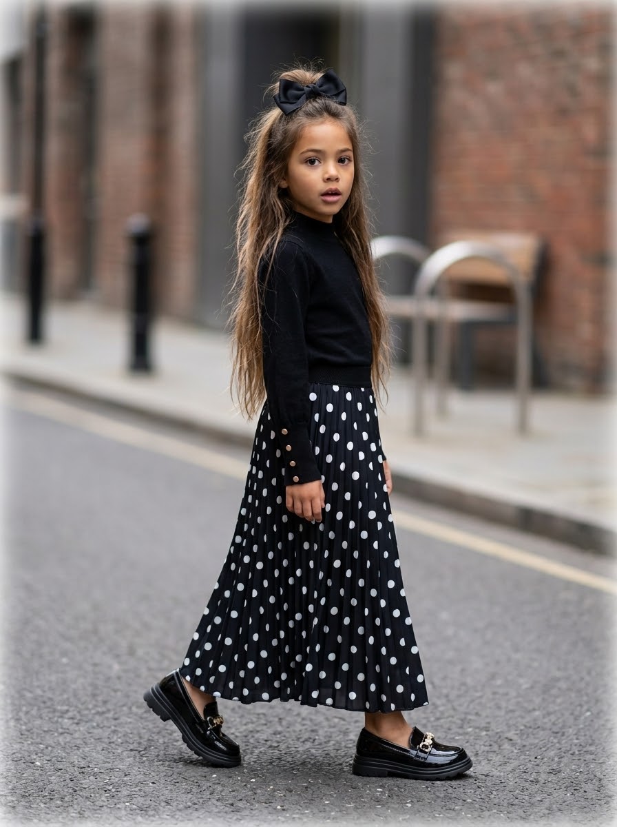 Jupe Longue Plissée Noire à Pois Blancs Enfant – Taille Élastiquée