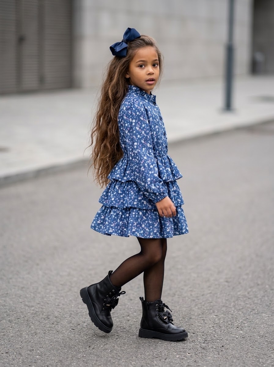Robe fleurie à volants et col froufrou – Bleu marine