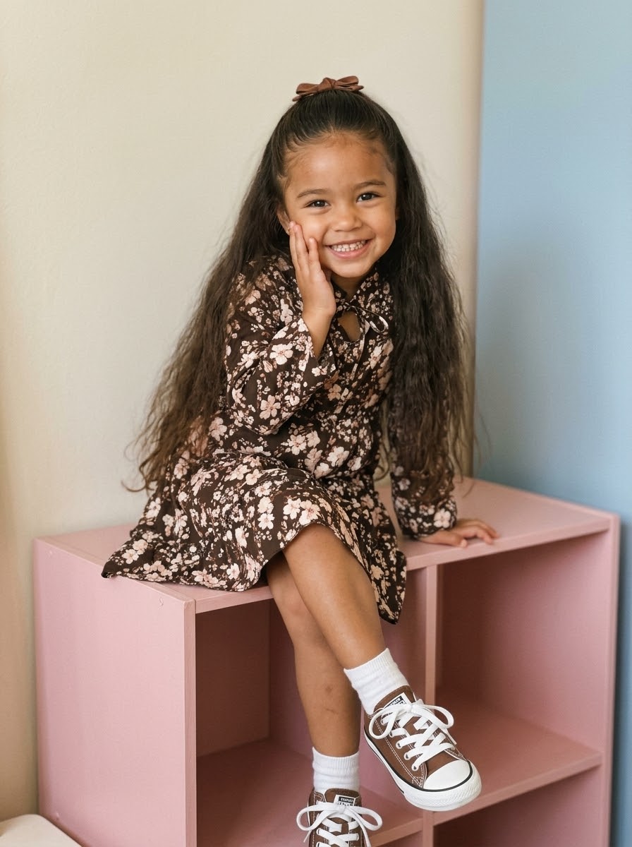 Robe Fille Évasée Fleurie à Volants et Col Nœud – Marron Chocolat & Bordeaux