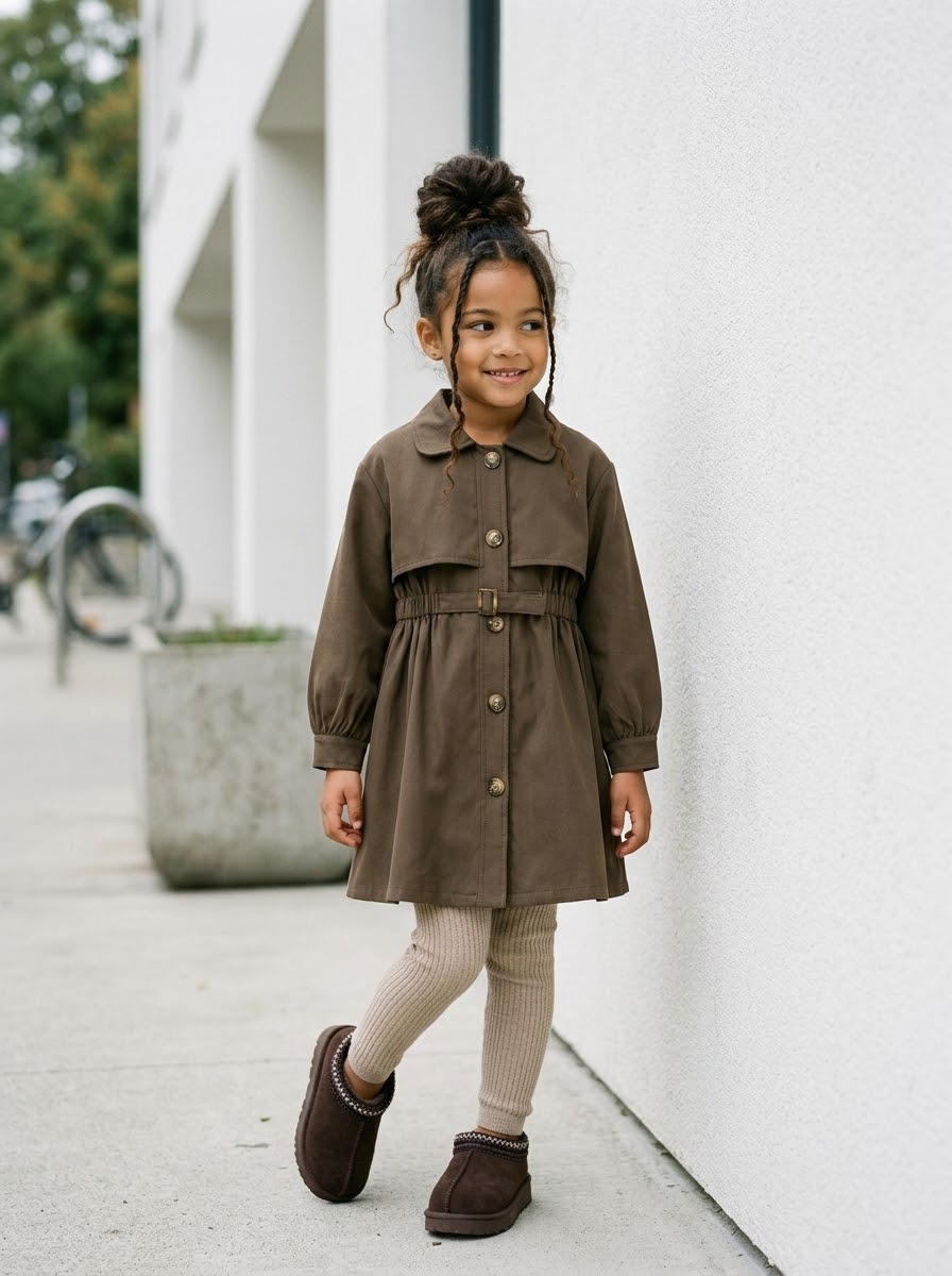 Trench-Coat Marron Enfant Fille Style Chic avec Ceinture Élastique