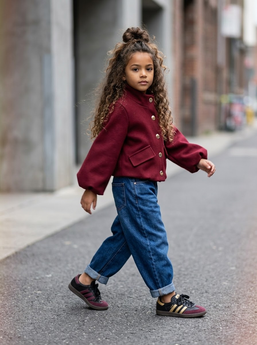 Veste Courte Fille en Drap de Laine Bordeaux à Boutons Dorés et Manches Ballon