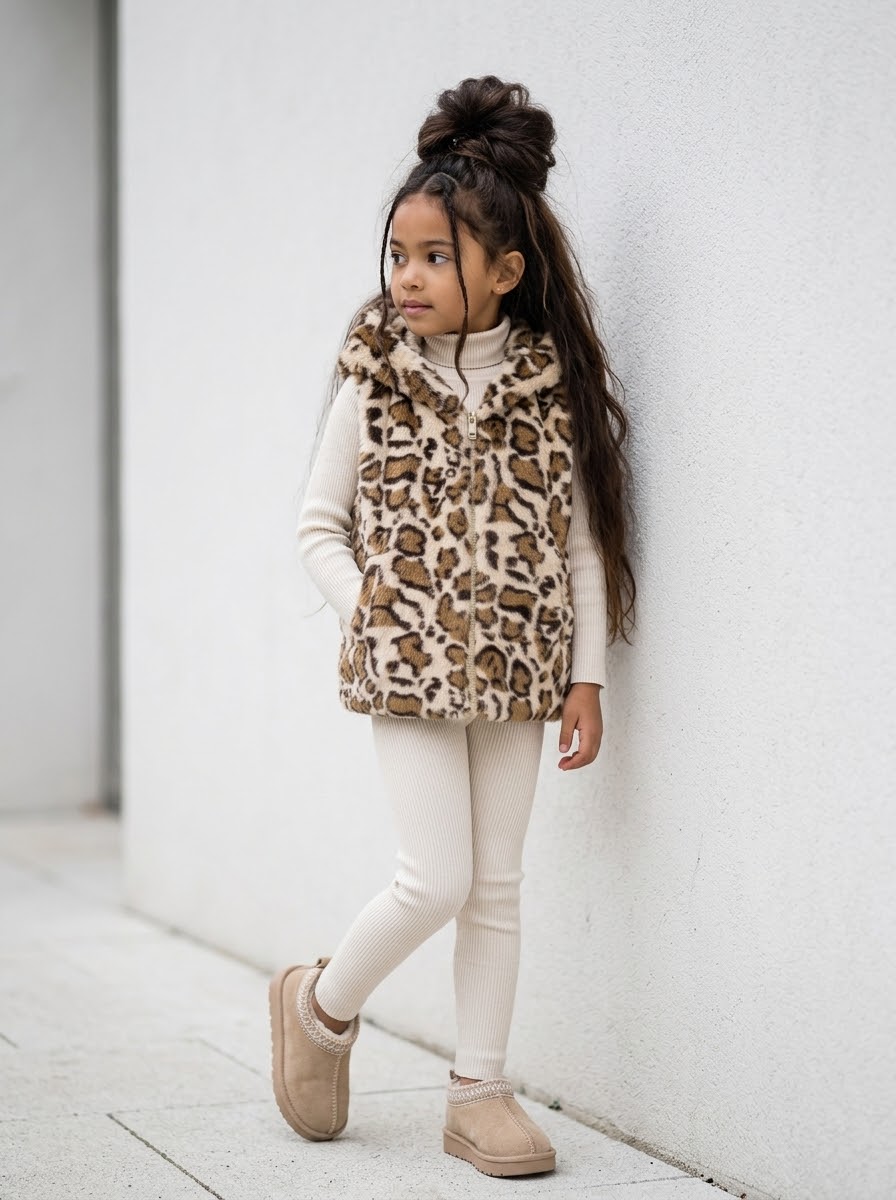 Gilet Sans Manches Fille en Fausse Fourrure Léopard à Capuche – Veste Chaude Zippée