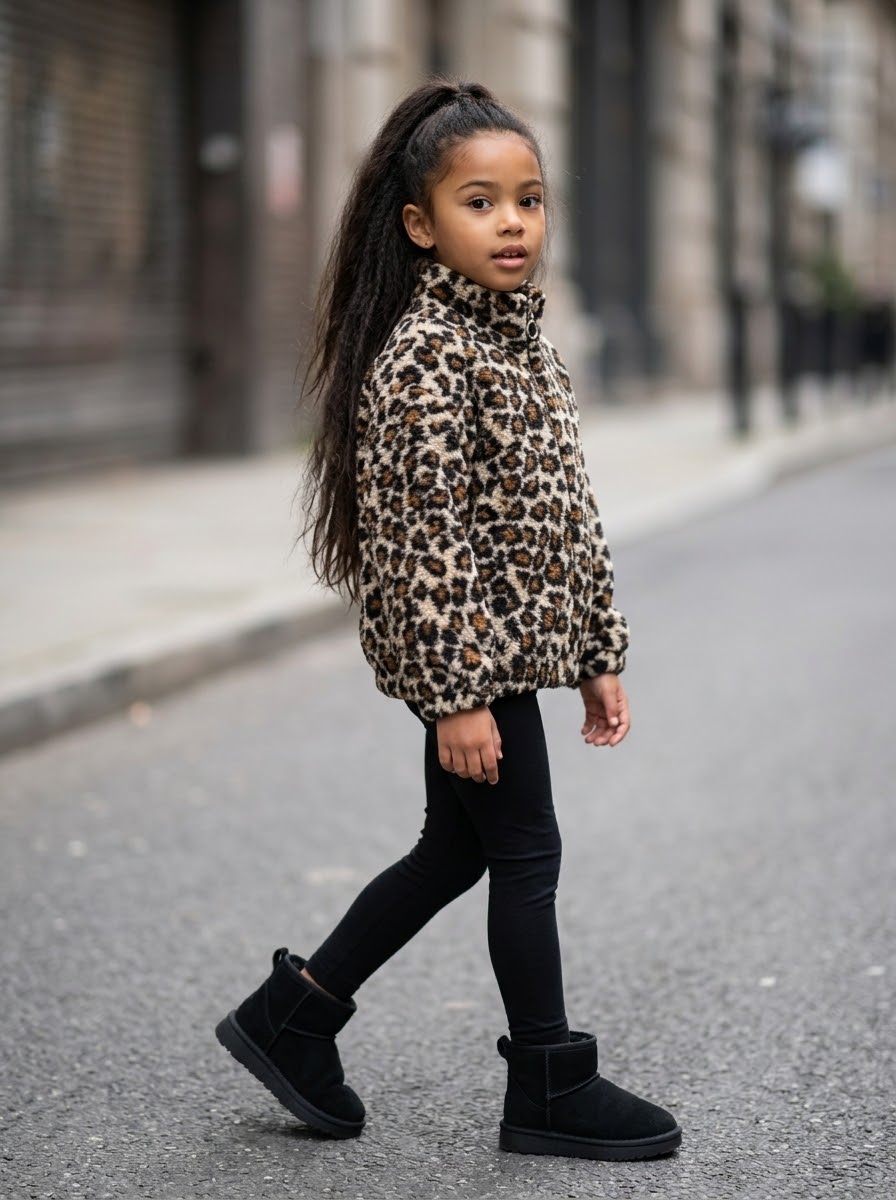 Veste Polaire Zippée Col Montant Enfant – Imprimé Léopard – Marron & Noir
