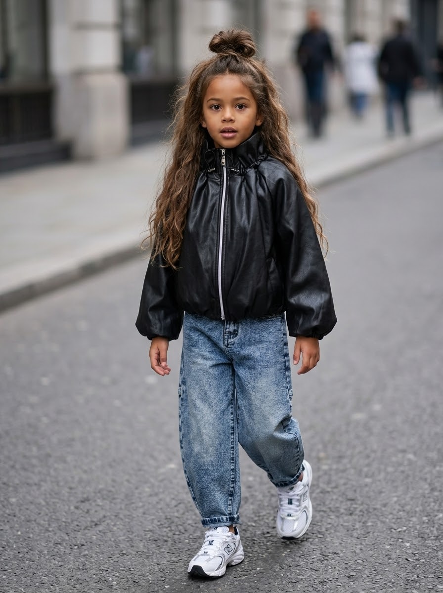 Veste Bomber en Similicuir Fille à Manches Ballon et Col Froncé – Noir & Marron Chocolat