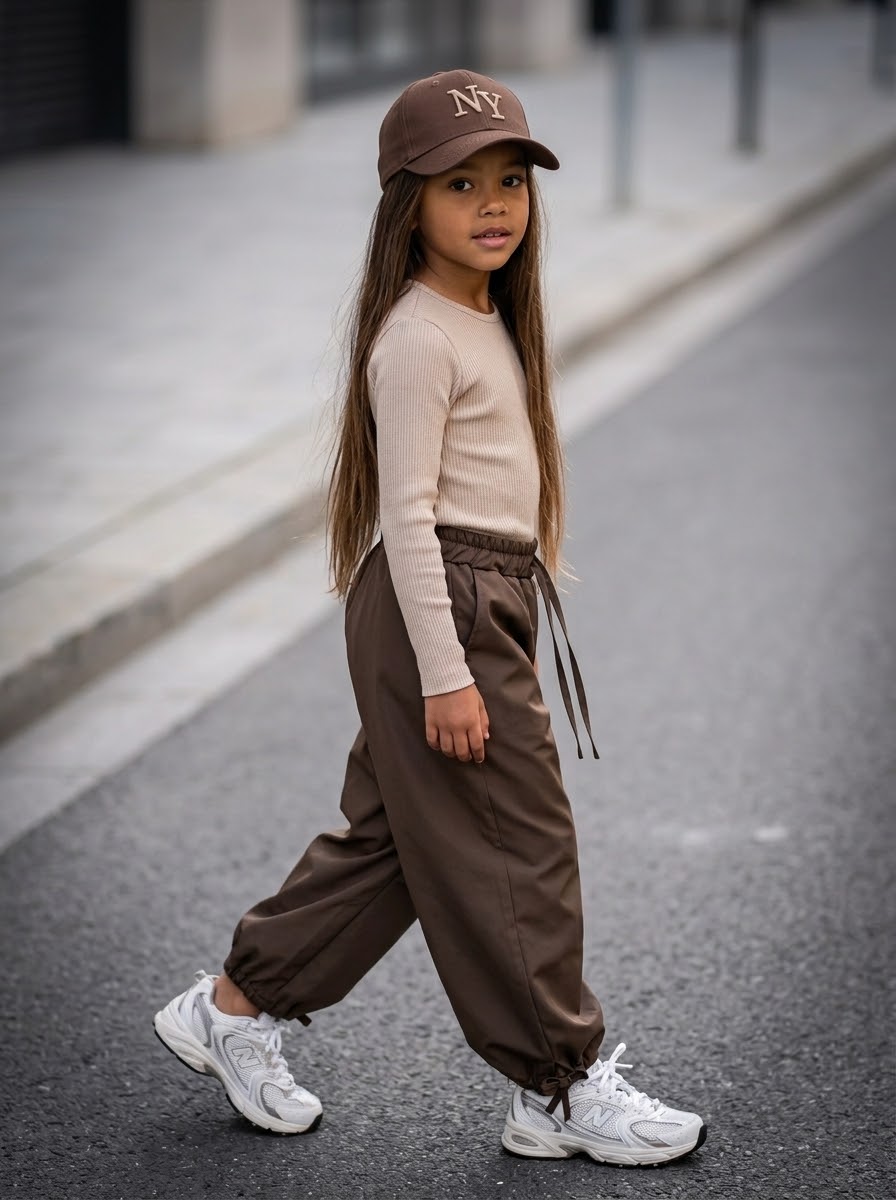 Pantalon Cargo Enfant Marron Chocolat – Coupe Loose & Bas Noués