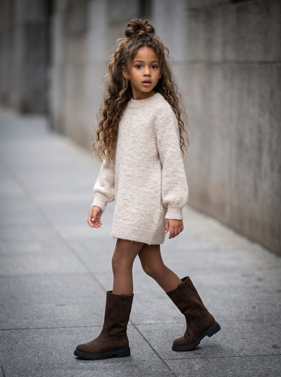 Robe Pull en Maille Beige Chiné Fille – Coupe Loose & Manches Bouffantes