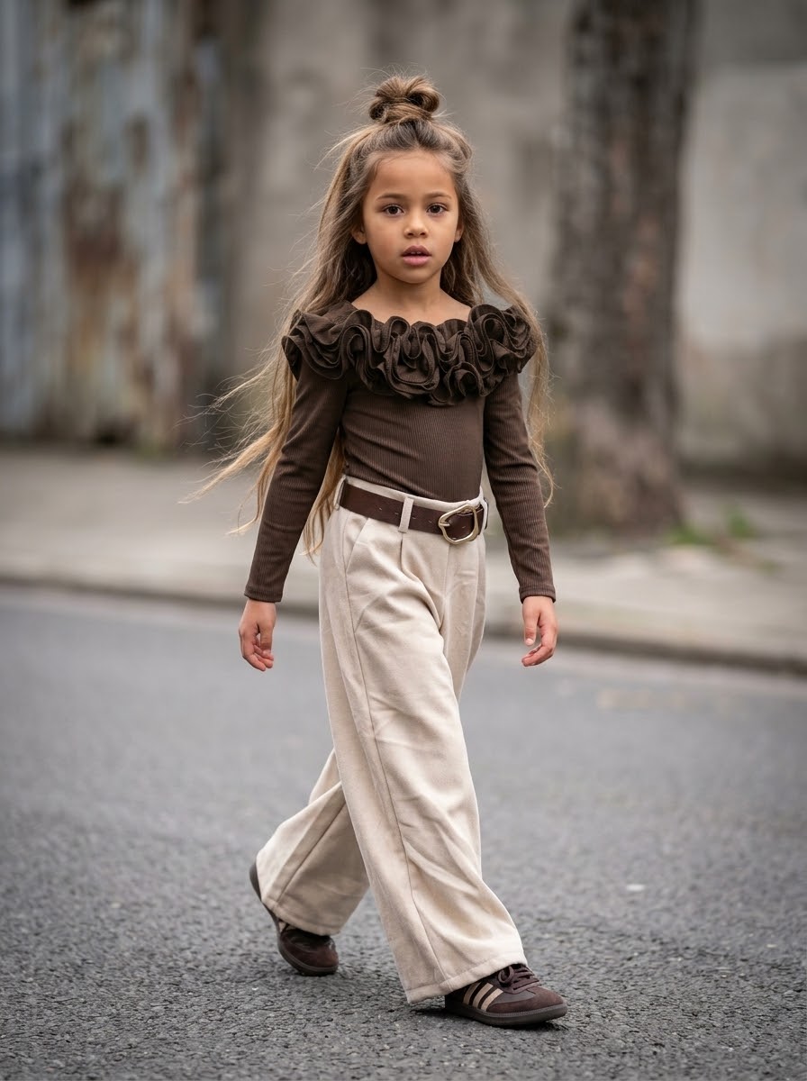 Pantalon Large Taille Haute Beige avec Ceinture Enfant