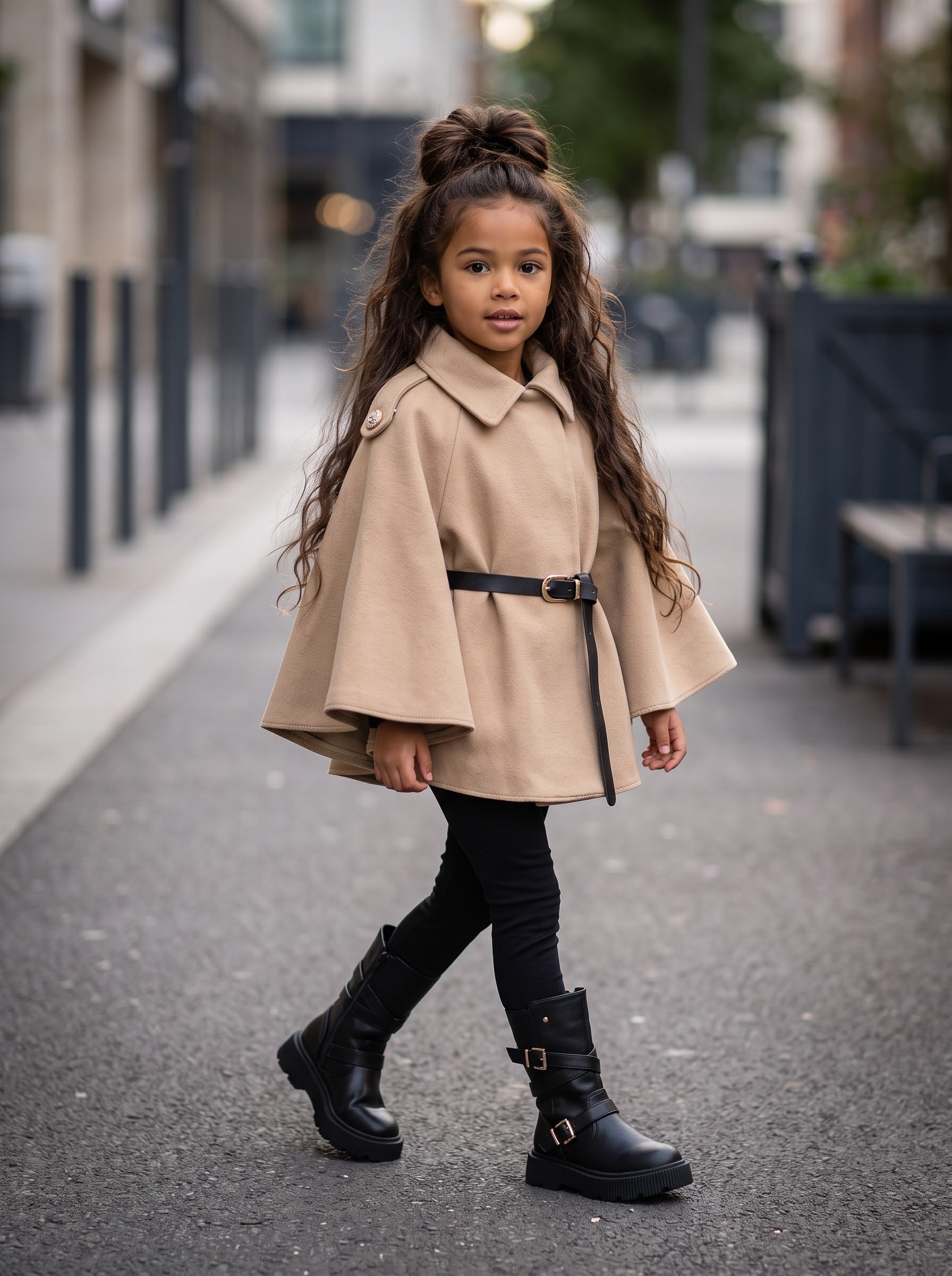 Manteau cape ceinturé fille – Veste cape chic en drap de laine avec ceinture (Noir / Beige Camel)