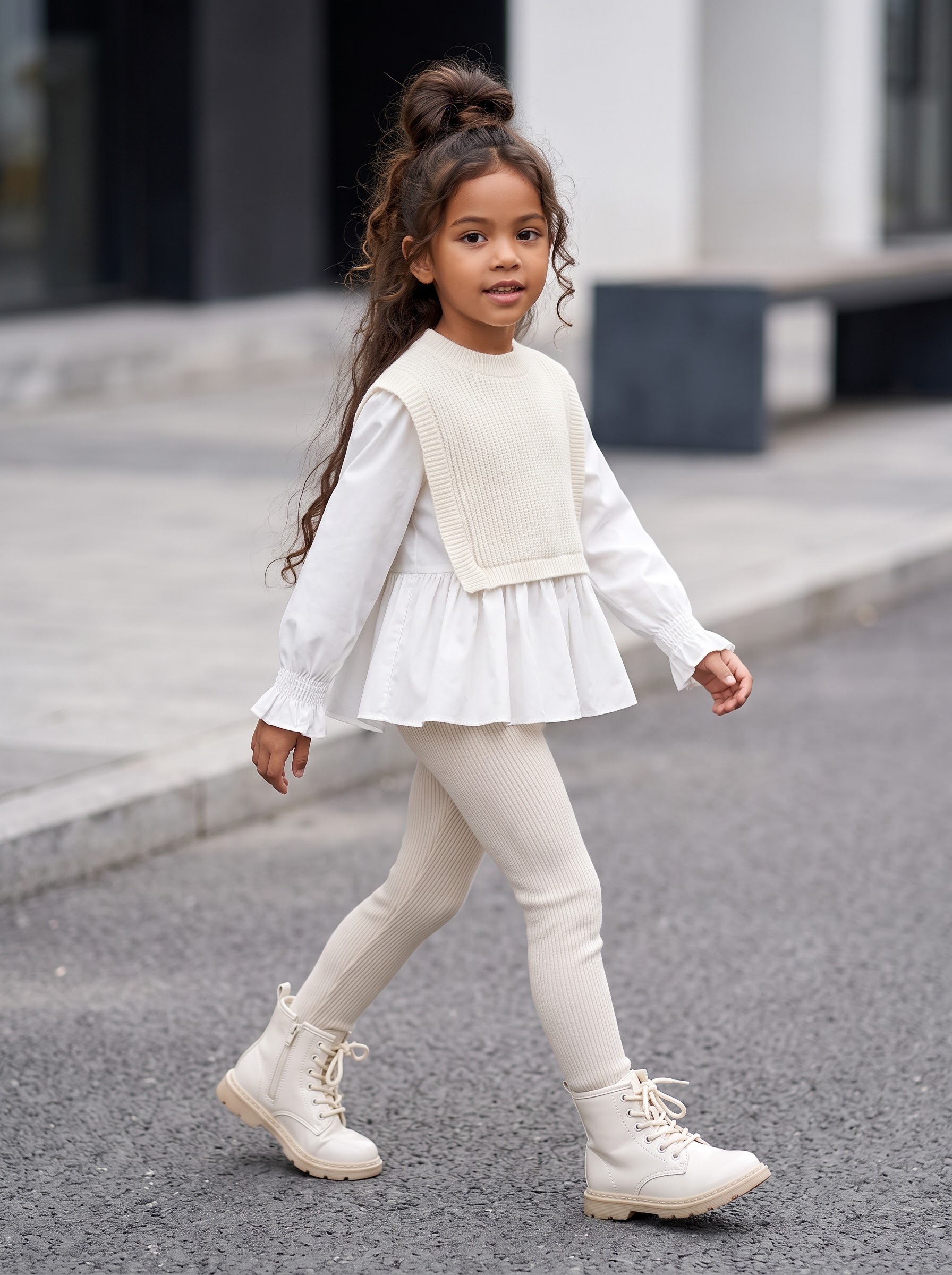 Chemise 2-en-1 pull sans manches fille – Tunique blanche à basque et plastron en maille écru
