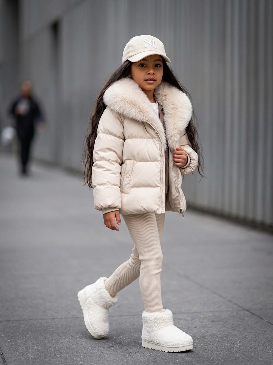 Doudoune enfant col fausse fourrure, beige(taille grande )