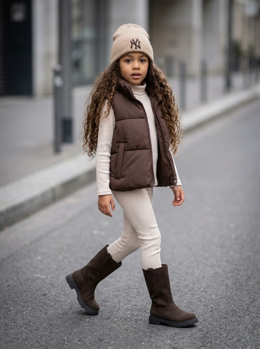 Ensemble 2 Pièces Haut Col Montant & Legging Côtelé Beige Écru Enfant