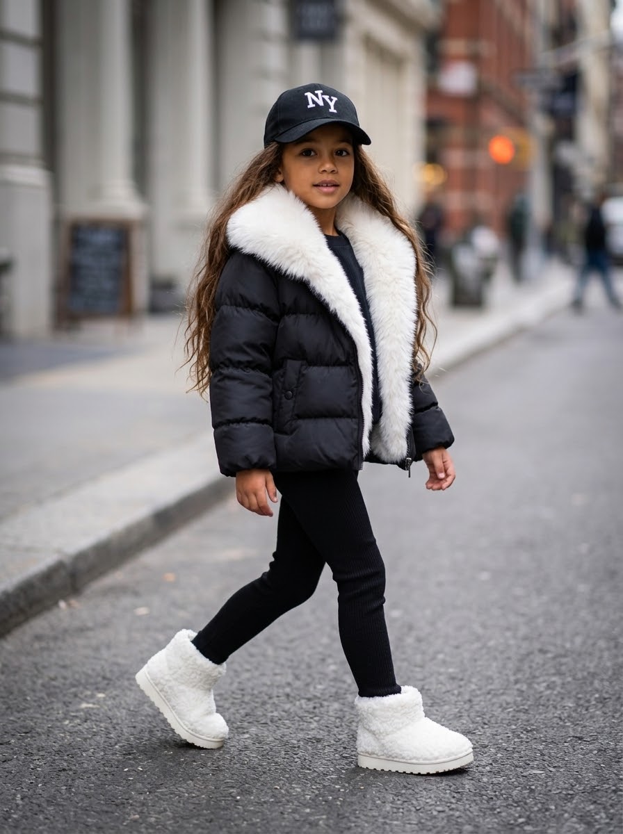Doudoune courte noire à grand col fausse fourrure blanche pour enfant (taille grande )