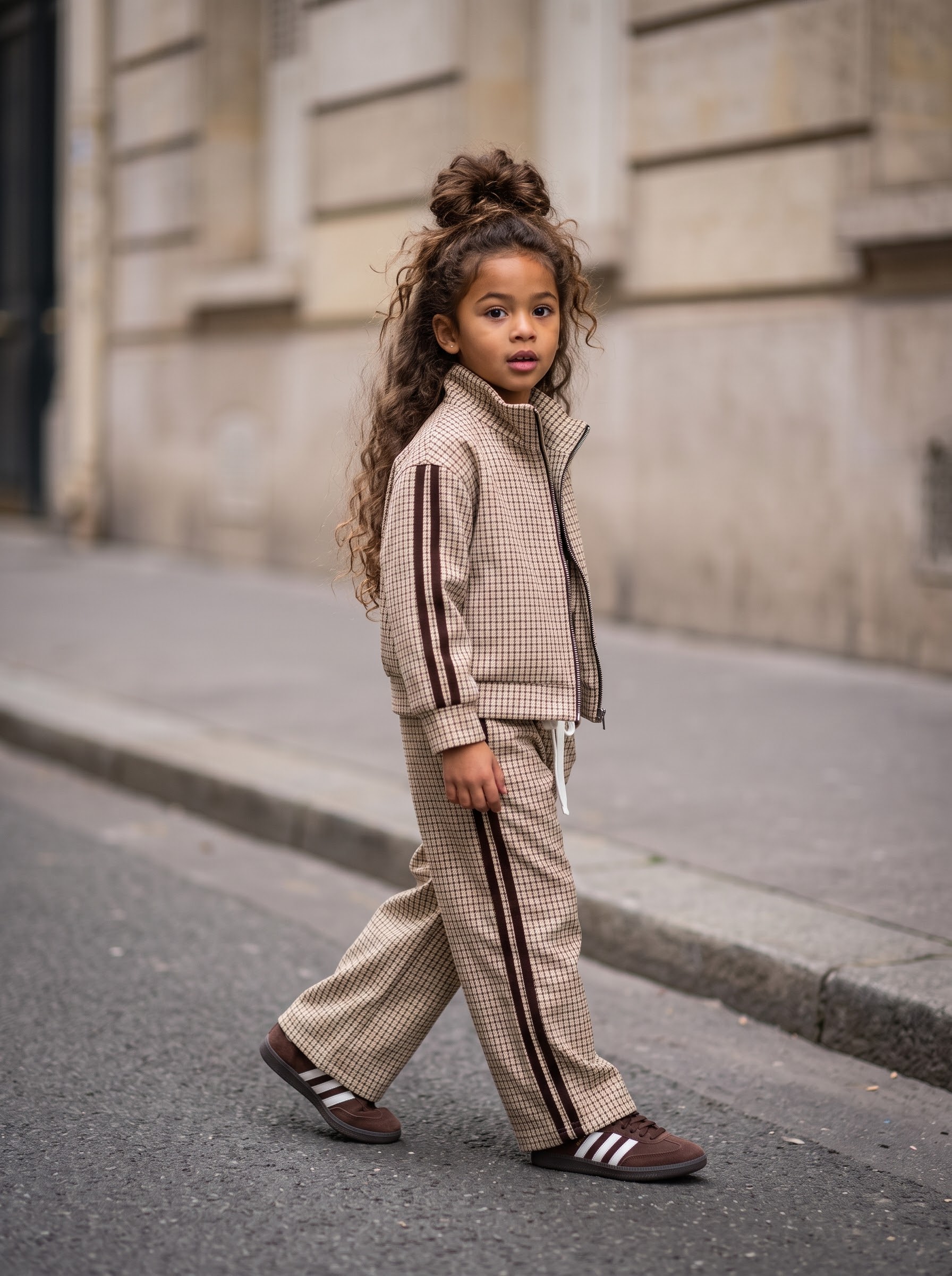 Ensemble 2 pièces enfant veste zippée et pantalon large – Imprimé rétro à carreaux beiges et bandes latérales