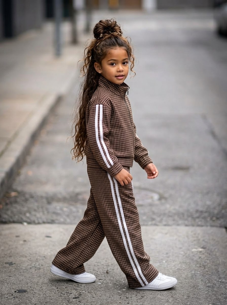 Ensemble 2 pièces veste zippée et pantalon large à carreaux marron pour enfant