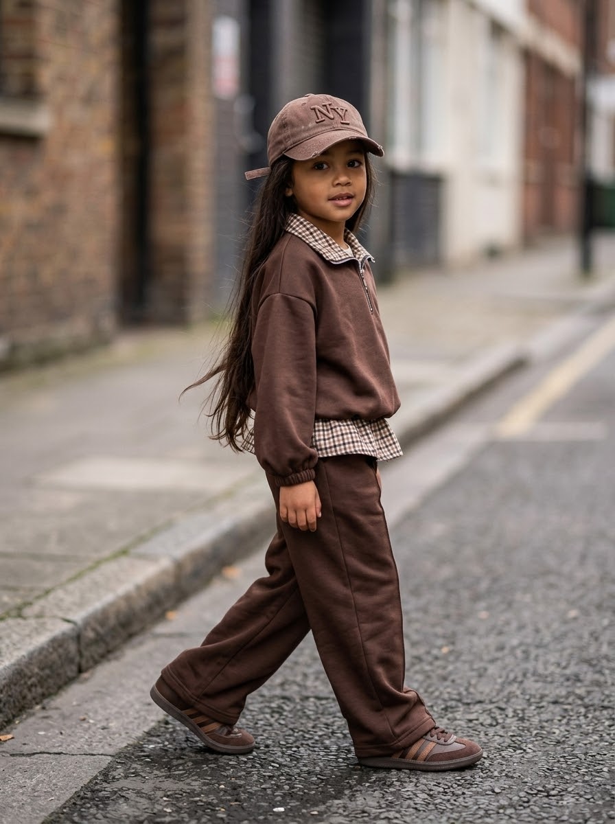 Ensemble 2 pièces sweat zippé et pantalon marron à carreaux pour enfant