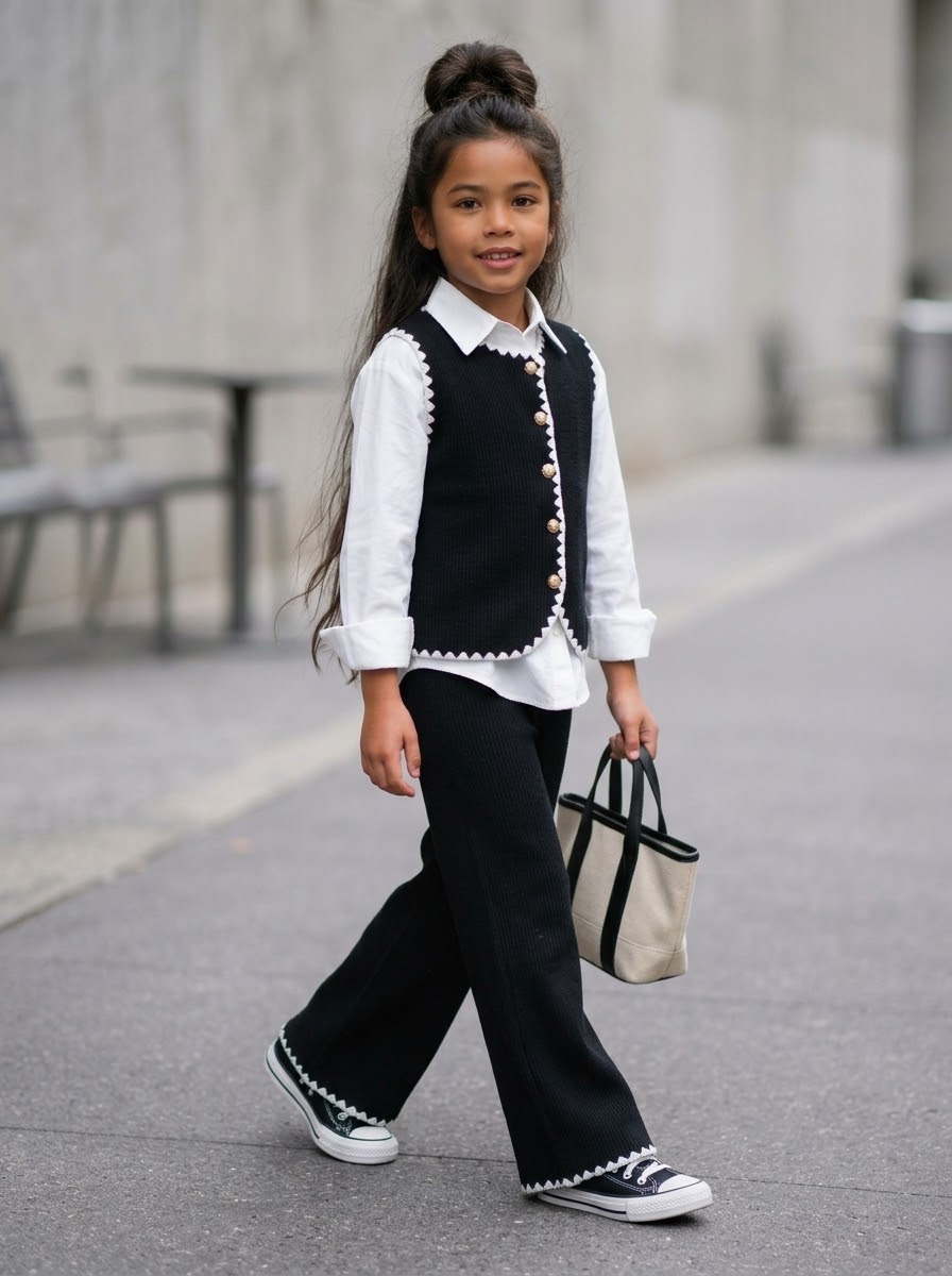 Ensemble Noir Fille en Maille Côtelée – Gilet Sans Manche Festonné & Pantalon Évasé Chic(sans chemise )