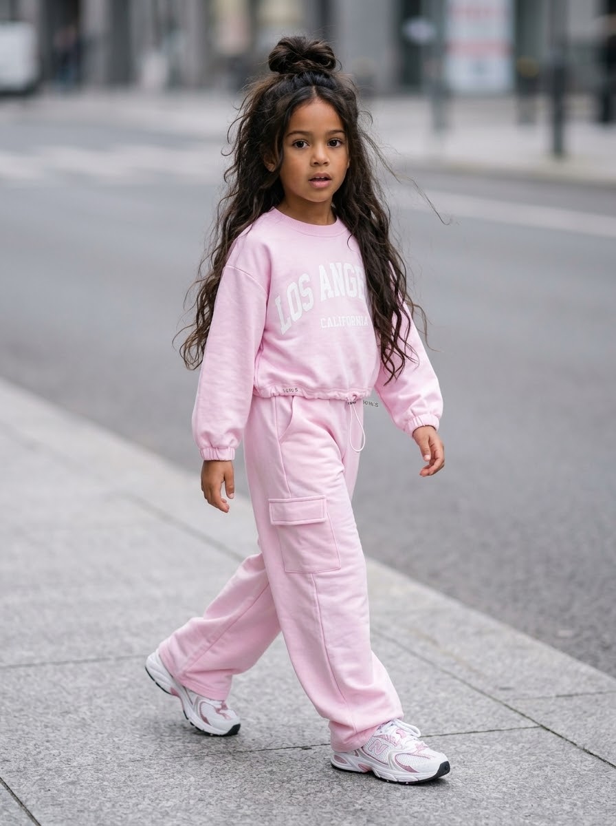 Ensemble Jogging Rose Fille « Los Angeles » – Sweat Court à Cordon & Pantalon Cargo Large