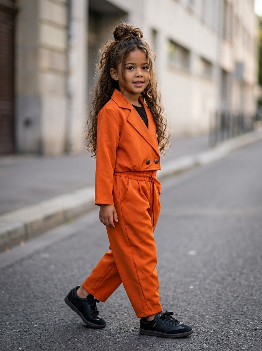 Ensemble Tailleur Terracotta Enfant – Veste Croisée Courte & Pantalon Carotte