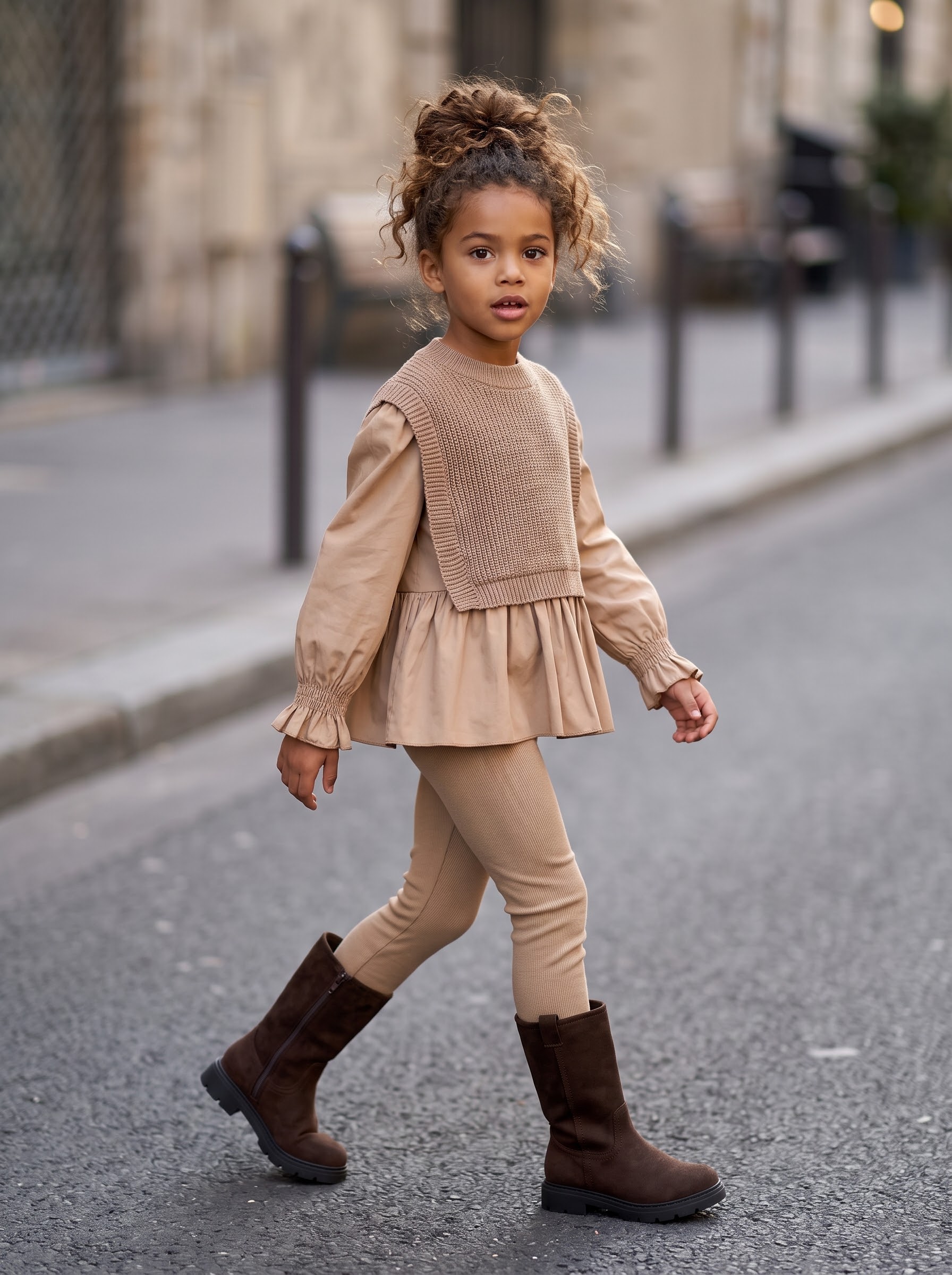 Legging Chaud Beige Camel Fille en Maille Côtelée Épaisse – Pantalon Doublé Fourré Hiver