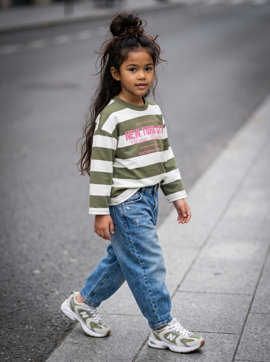 Haut  enfant rayé imprimé New York City, kaki et crème