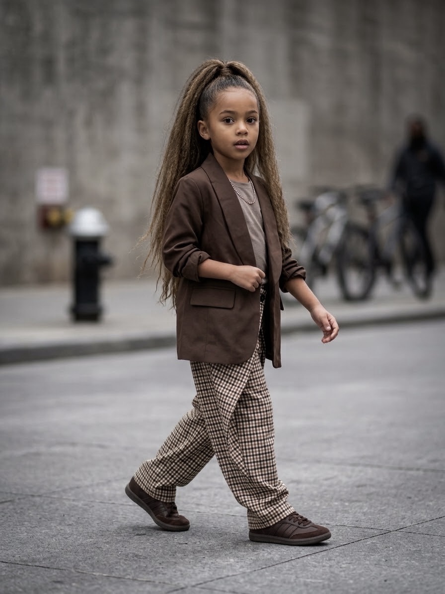 Veste blazer fluide marron chocolat à col châle pour enfant