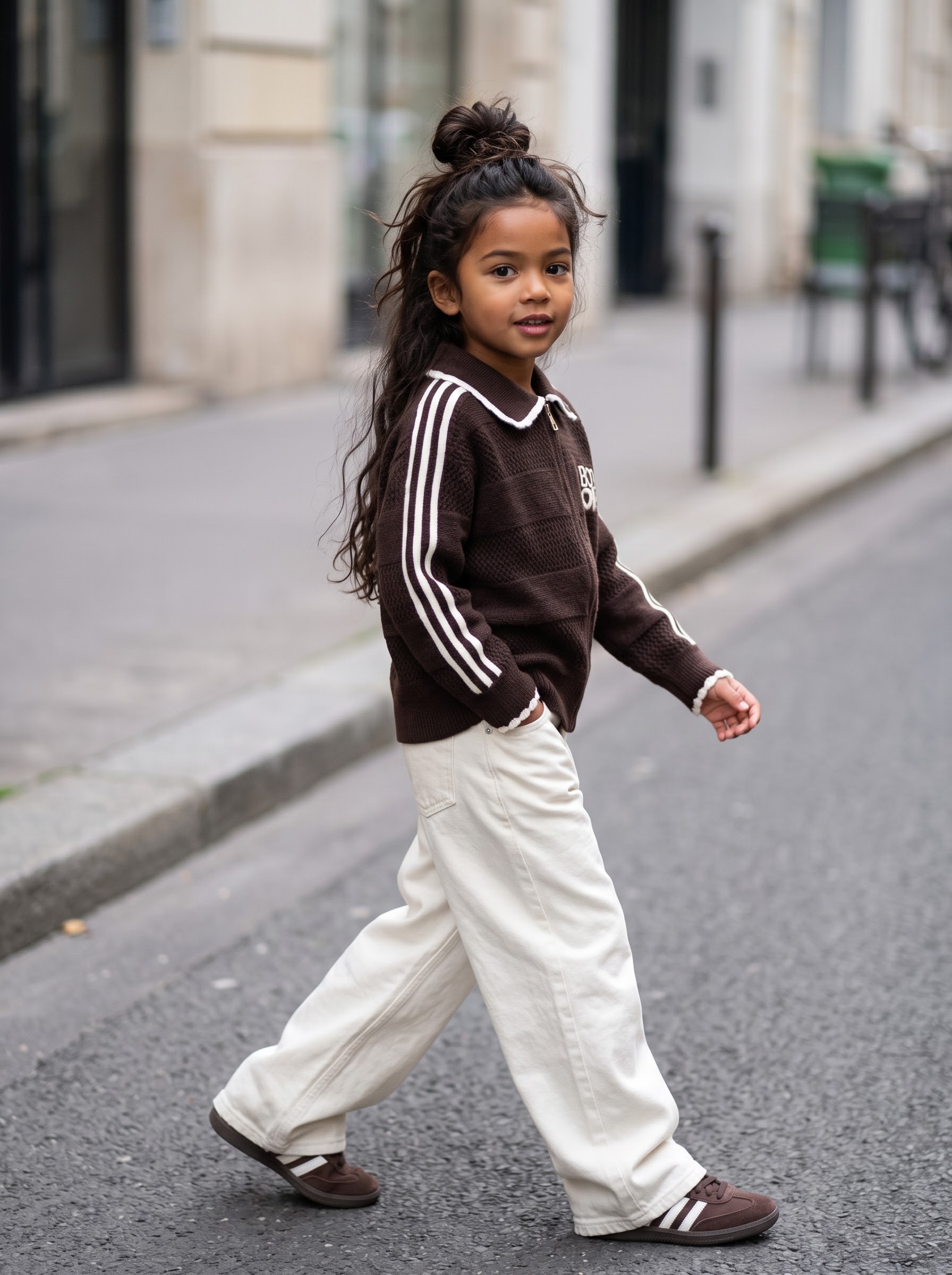 Gilet Zippé Marron Enfant en Maille Col Polo – Veste Tricot Rétro Streetwear Fille