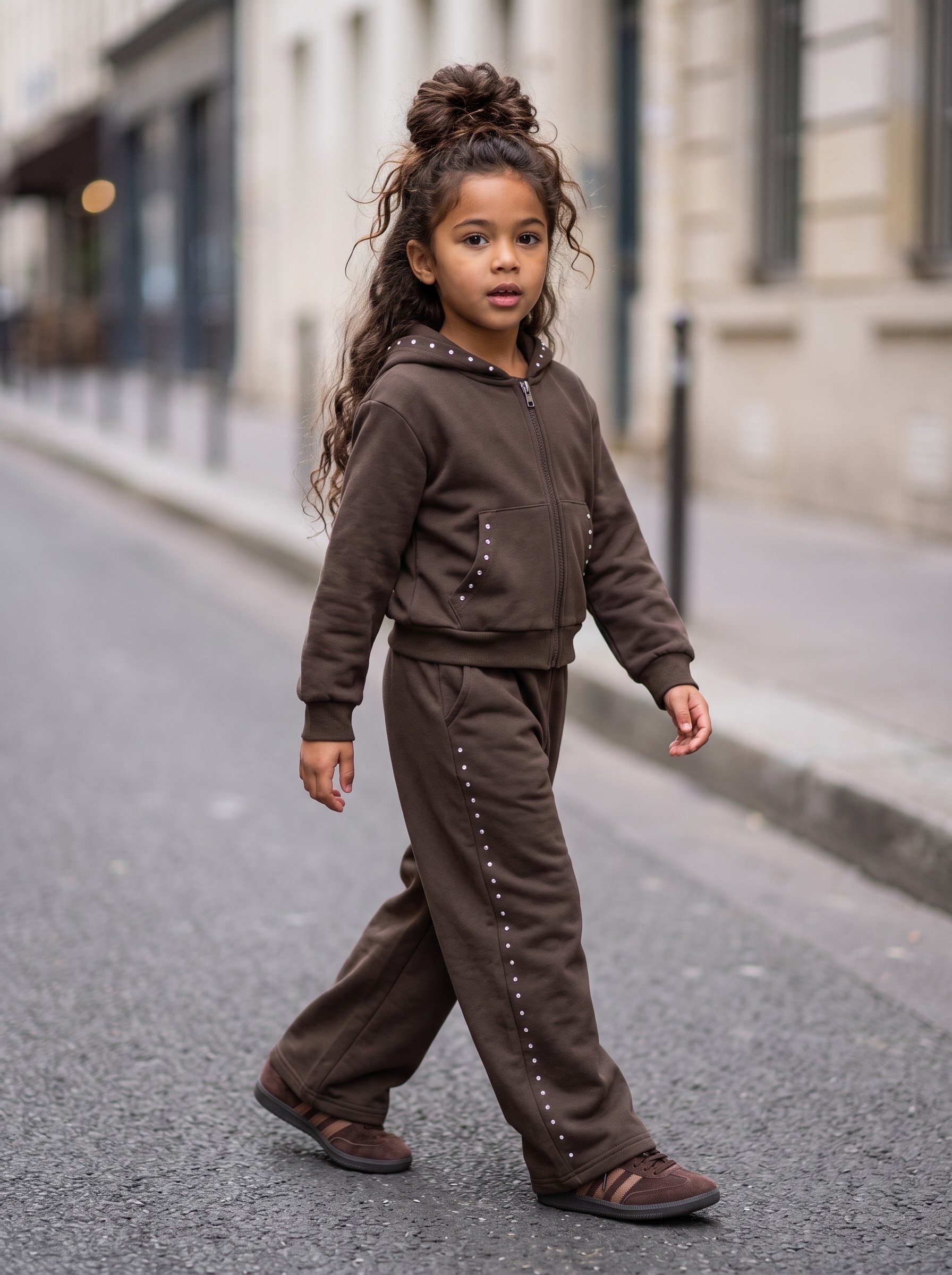 Ensemble Jogging Fille Marron Chocolat à Strass – Survêtement Zippé à Capuche et Pantalon Évasé