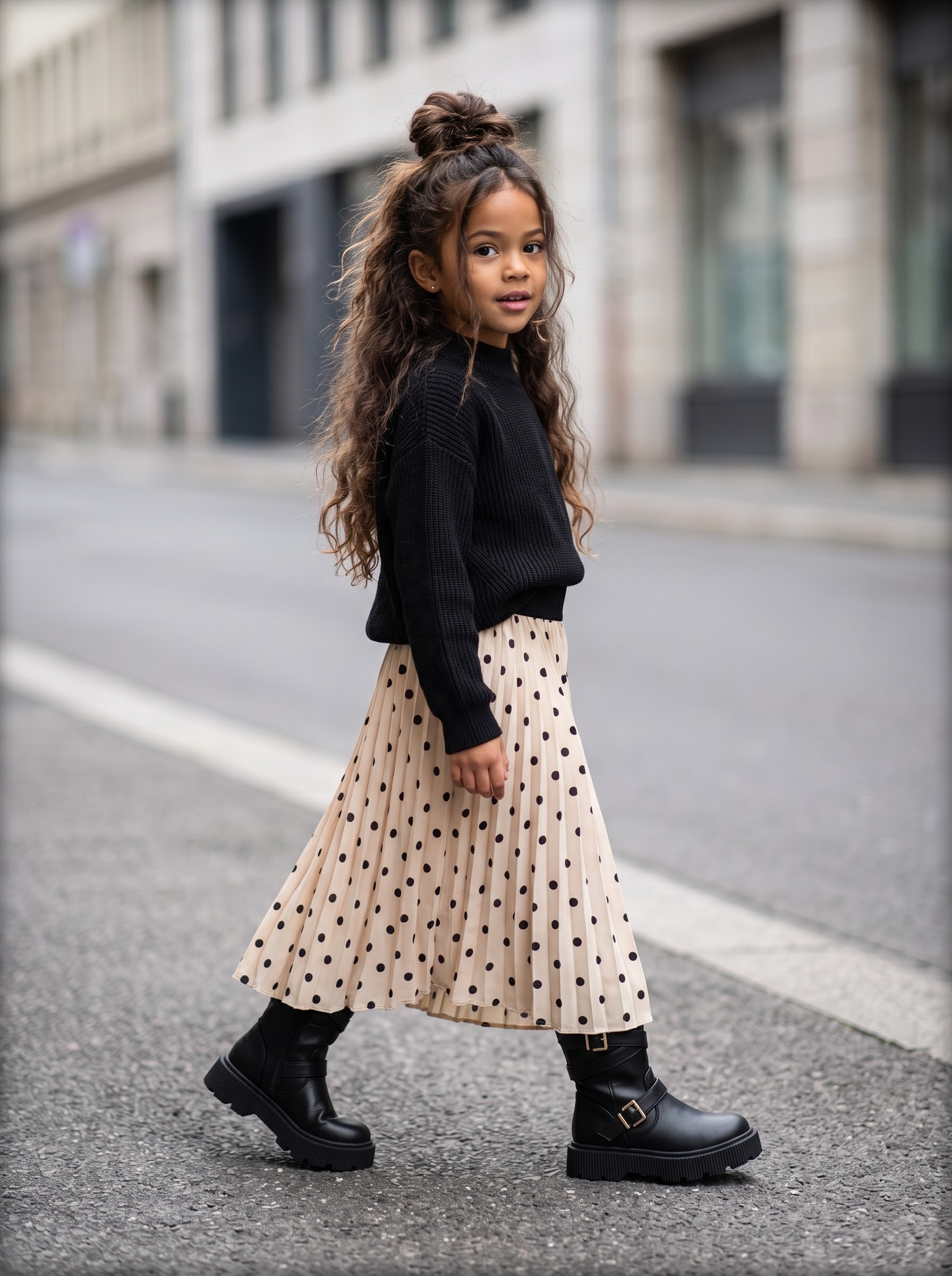 Jupe Plissée Beige à Pois Noirs Fille – Jupe Midi Évasée Rétro Chic à Taille Élastique