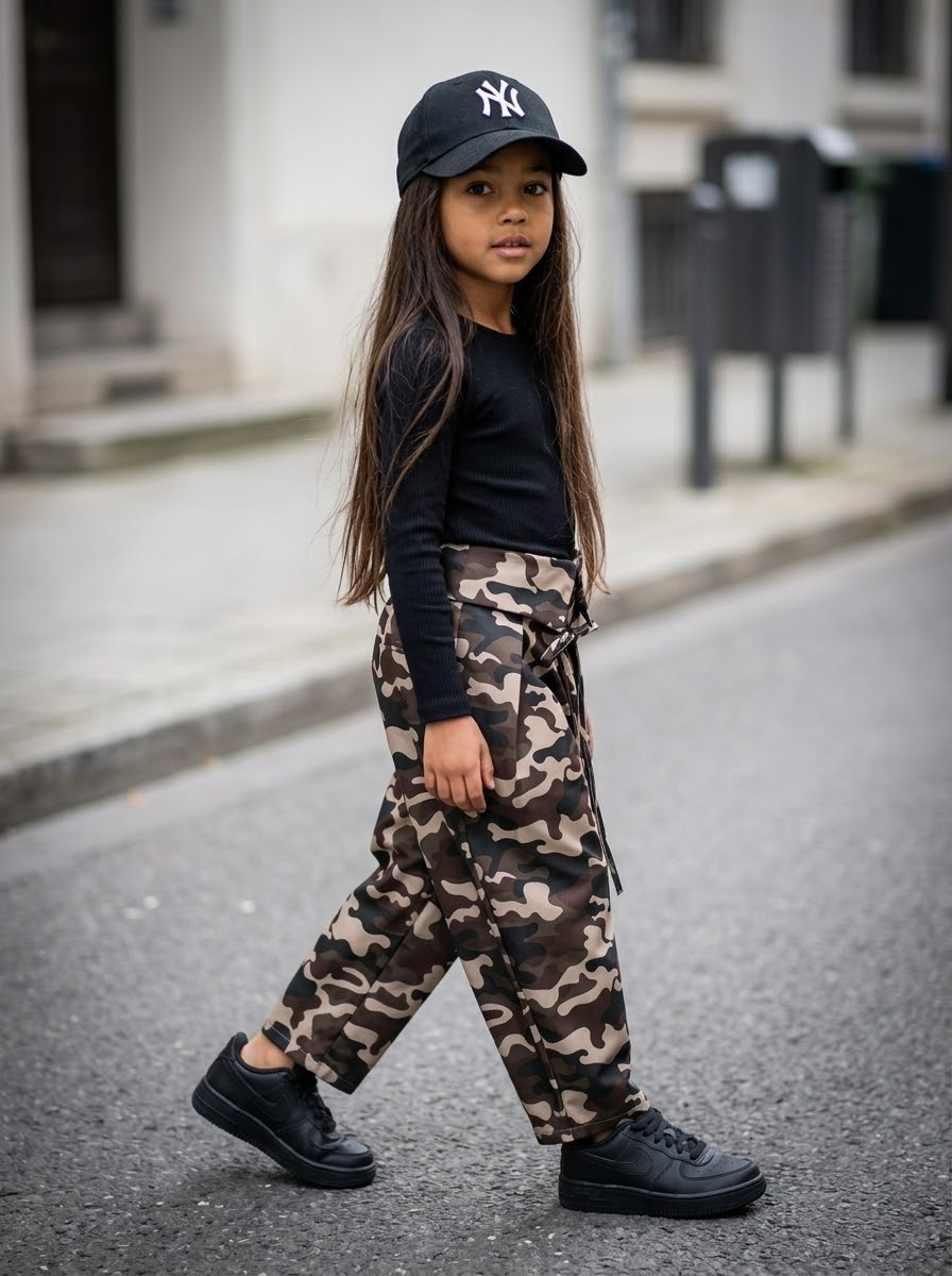 Pantalon Camouflage Enfant – Coupe Large & Taille Revers Nouée