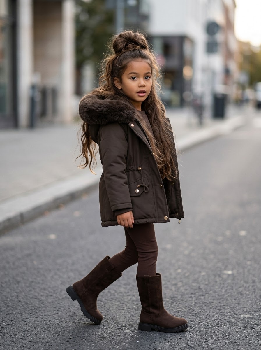 Parka chaude marron à capuche fausse fourrure pour enfant
