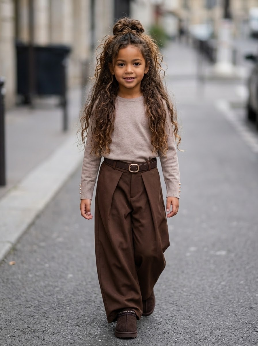 Pantalon large plissé marron avec ceinture pour enfant