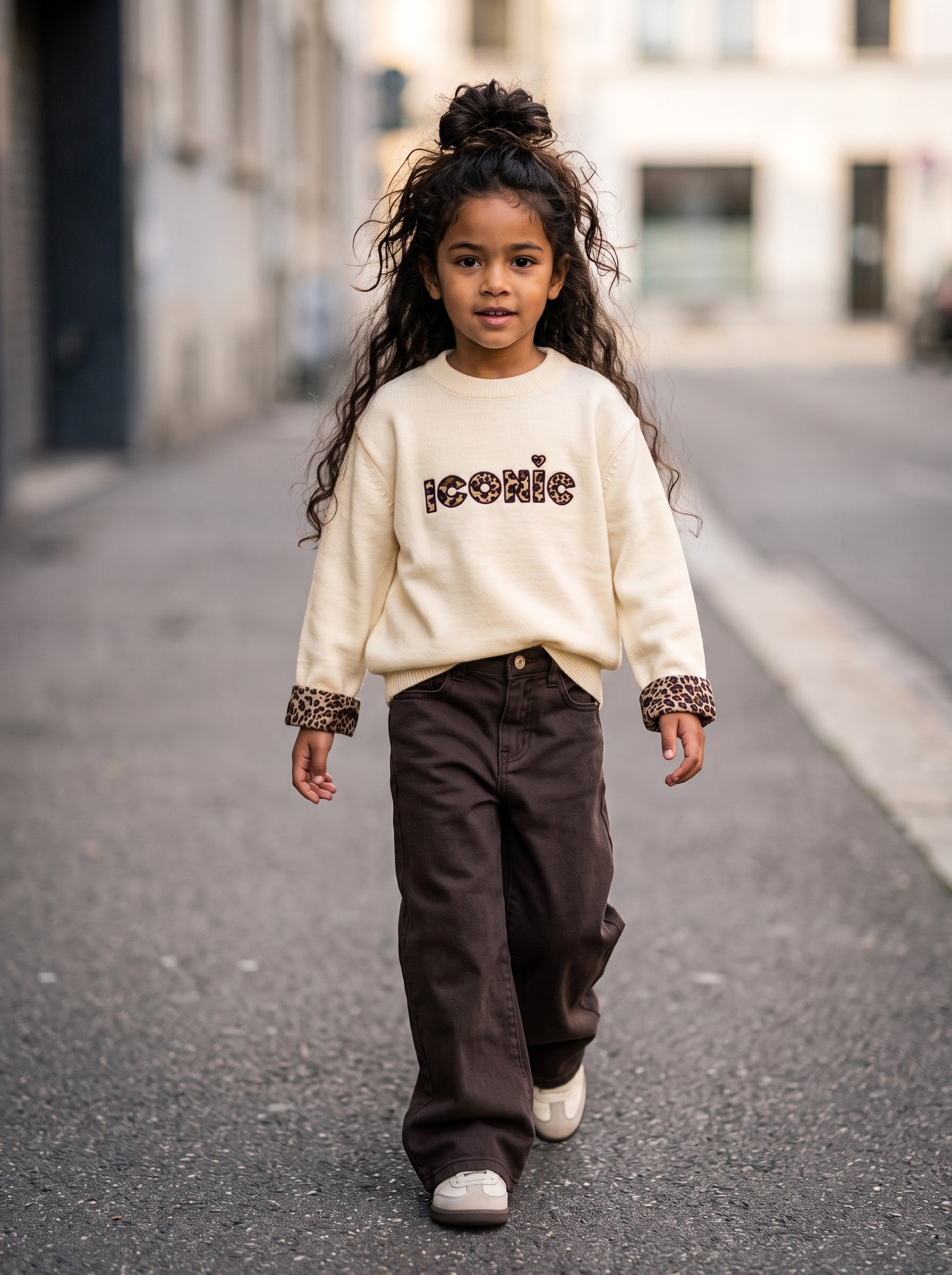 Pull écru enfant en maille douce – Détails léopard et inscription « Iconic »