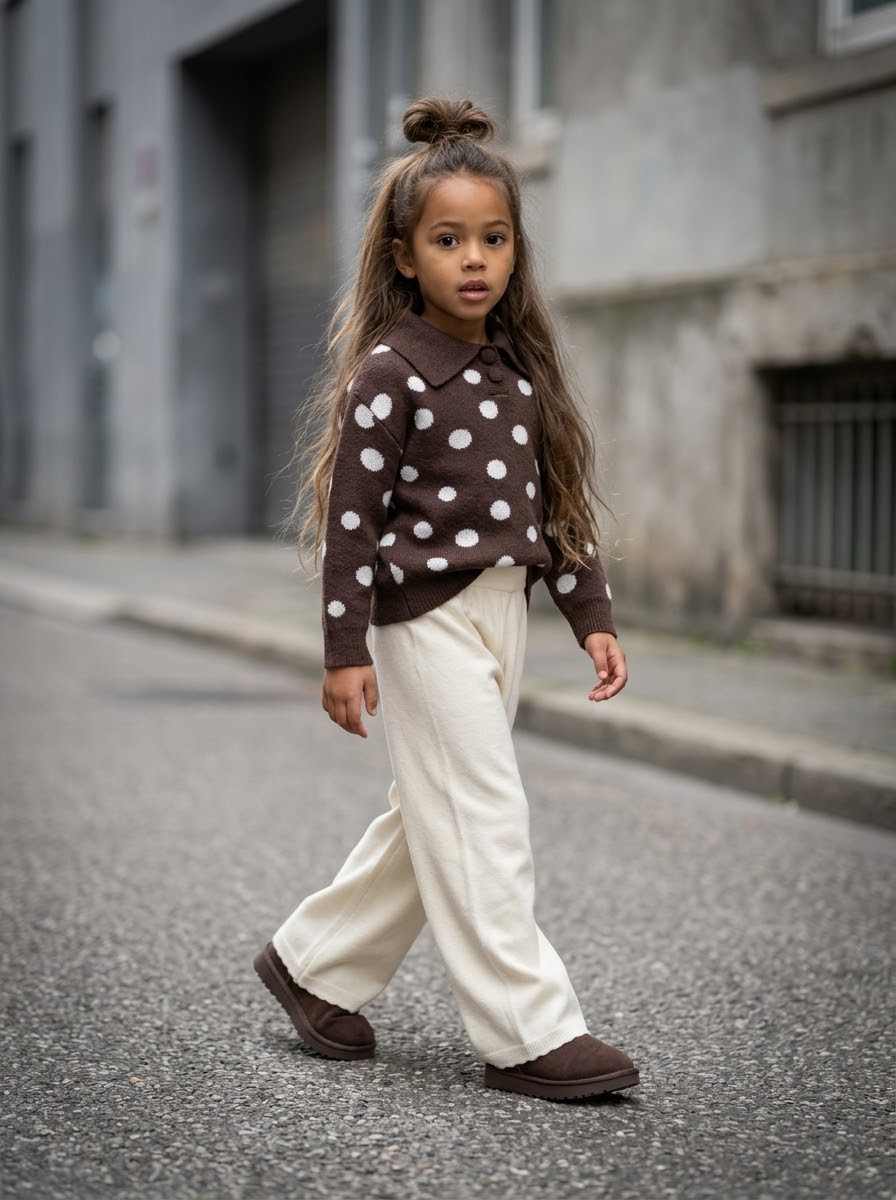 Pull enfant à pois col polo, marron