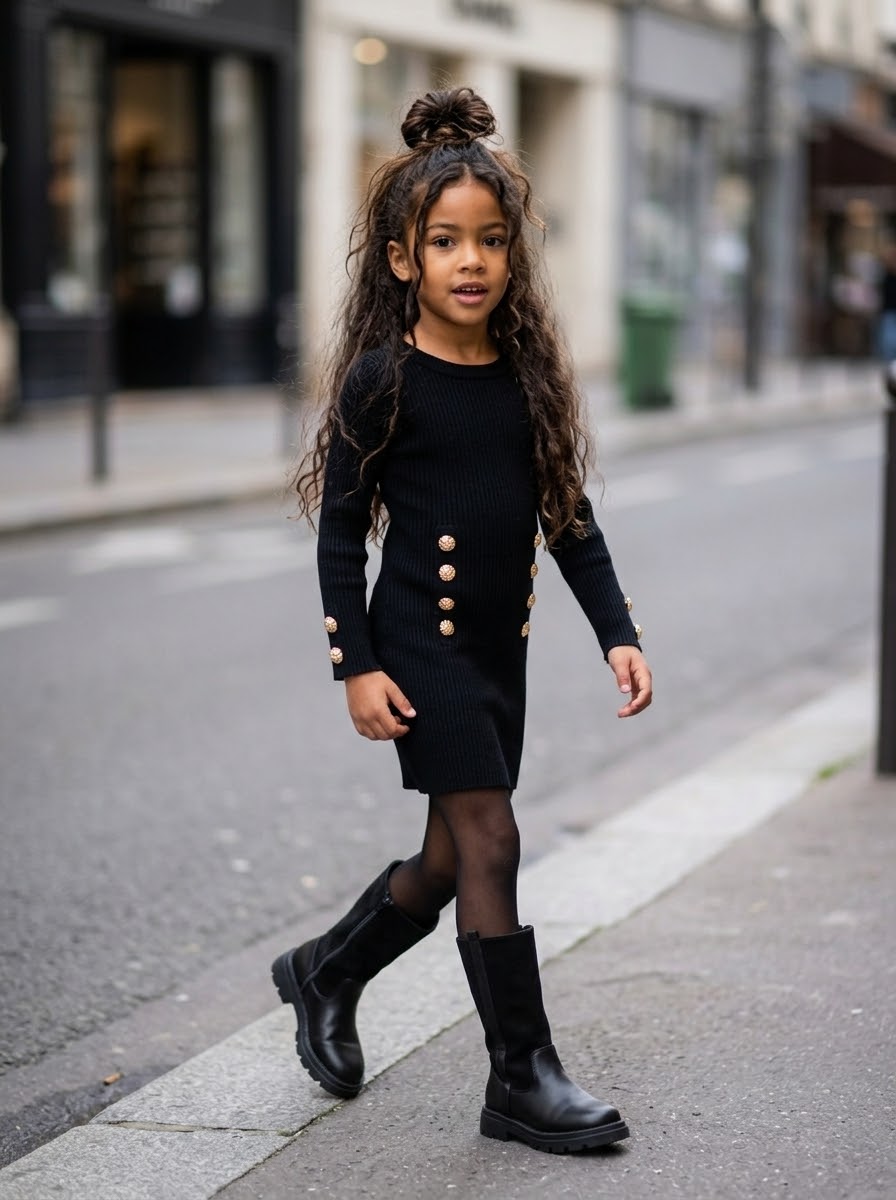 Robe pull noire en maille côtelée à boutons dorés pour enfant