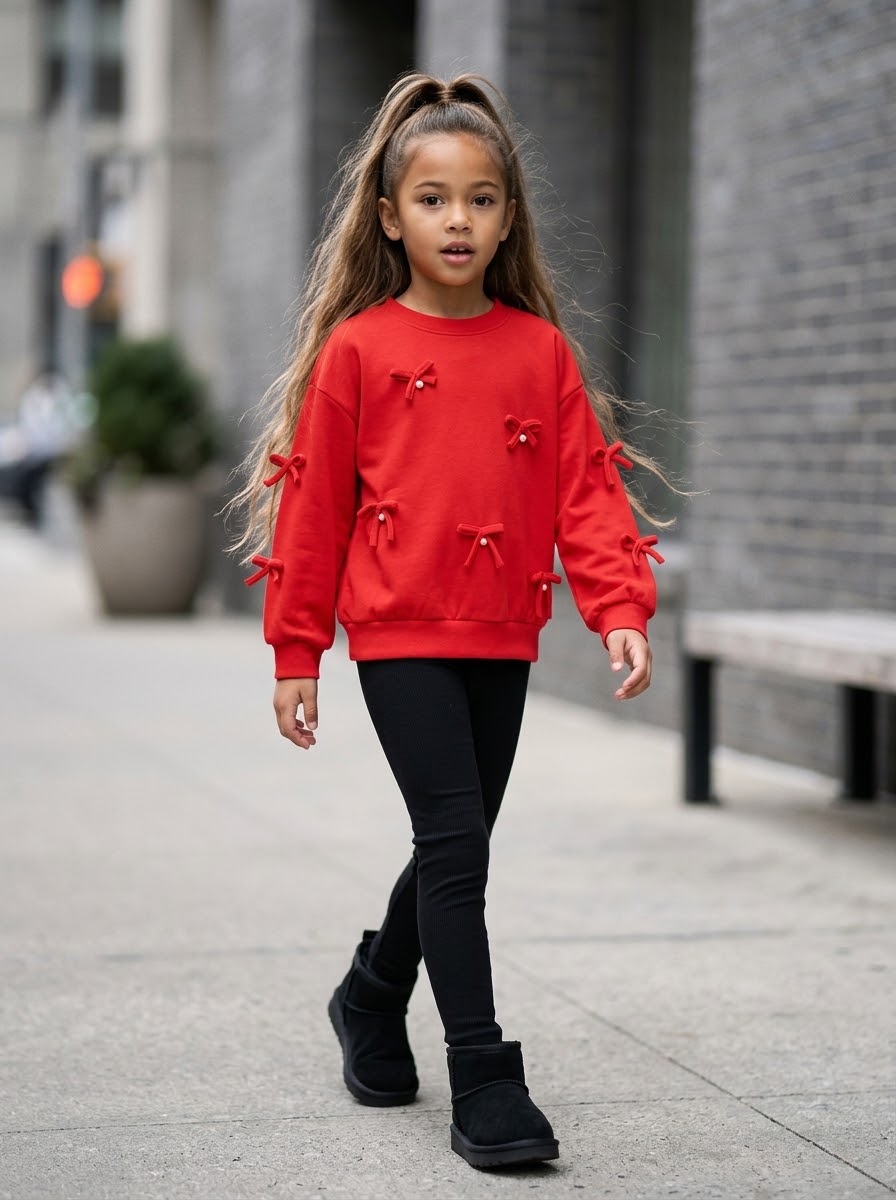 Sweat Rouge Fille à Nœuds en Relief et Perles – Pull Molleton Coquette Preppy Chic