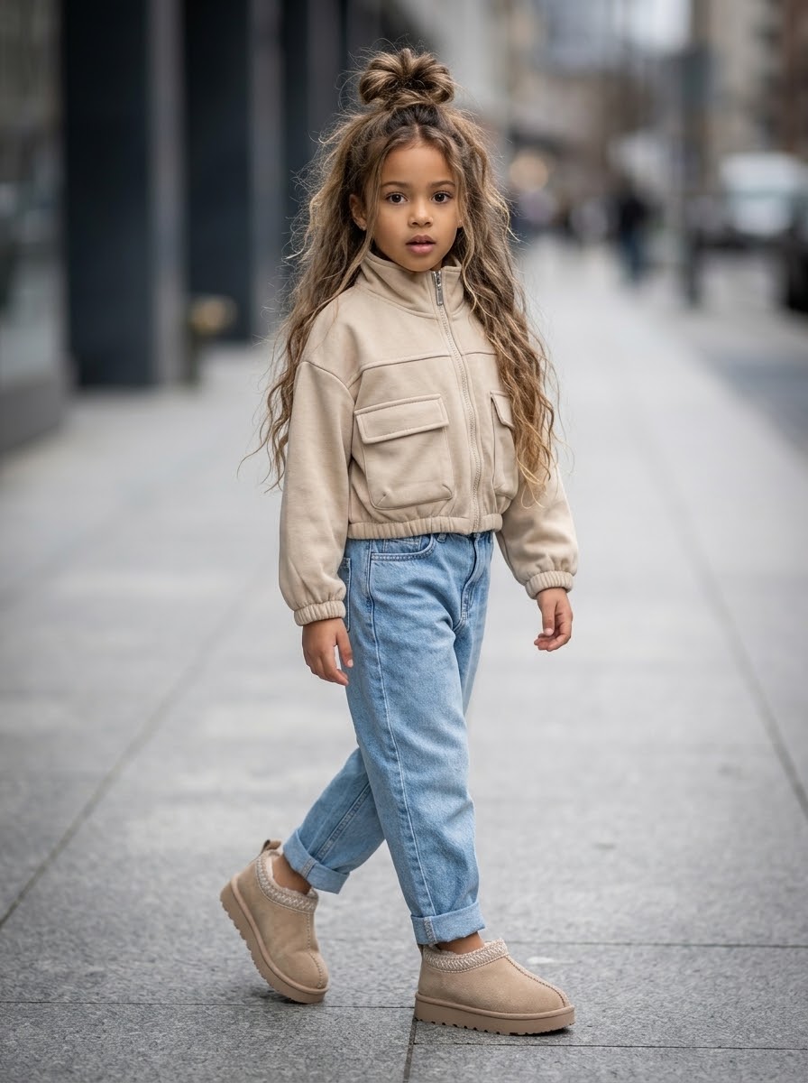 Veste Zippée Beige à Poches Plaquées Fille – Style Bomber Streetwear Chic
