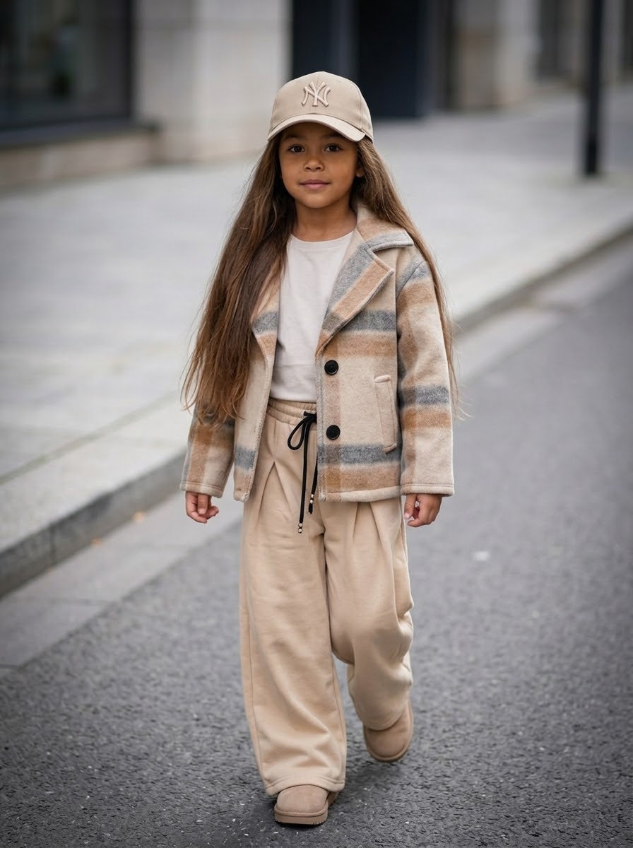 Pantalon large fluide beige à plis et cordon noir pour enfant